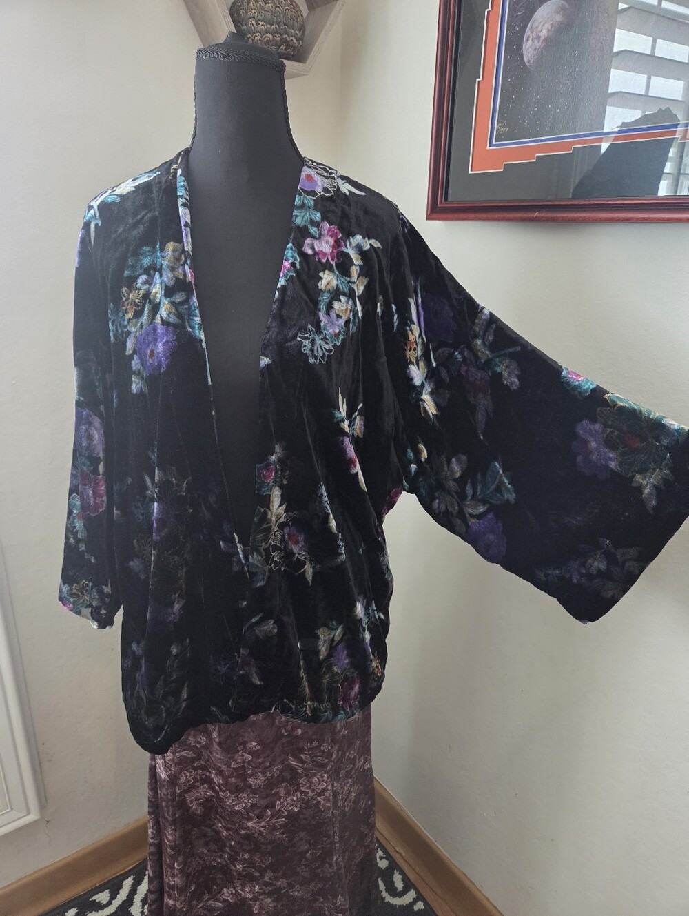 LOFT Black Floral Velvet Open Kimono Jacket  Whimsigoth Fairy Grunge Bohemian ML
